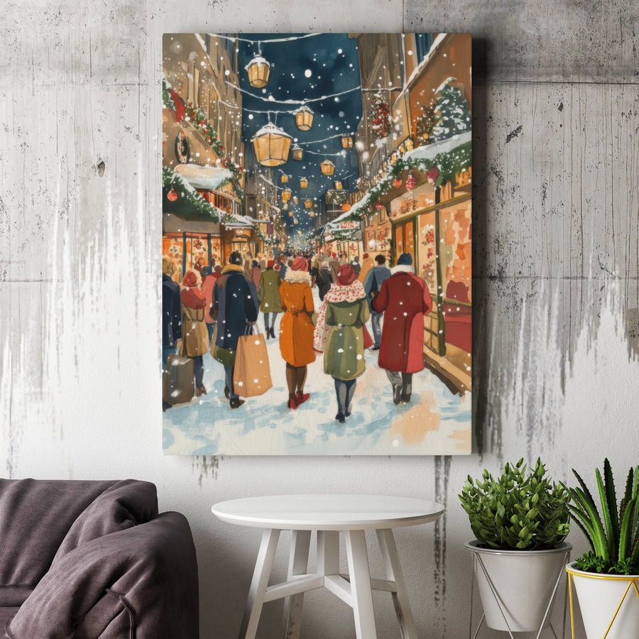 Christmas Street Canvas Print | Snowy Winter Cityscape Watercolor | Premium 1.25-Inch Gallery Wrap | Festive Holiday Wall Decor Gift