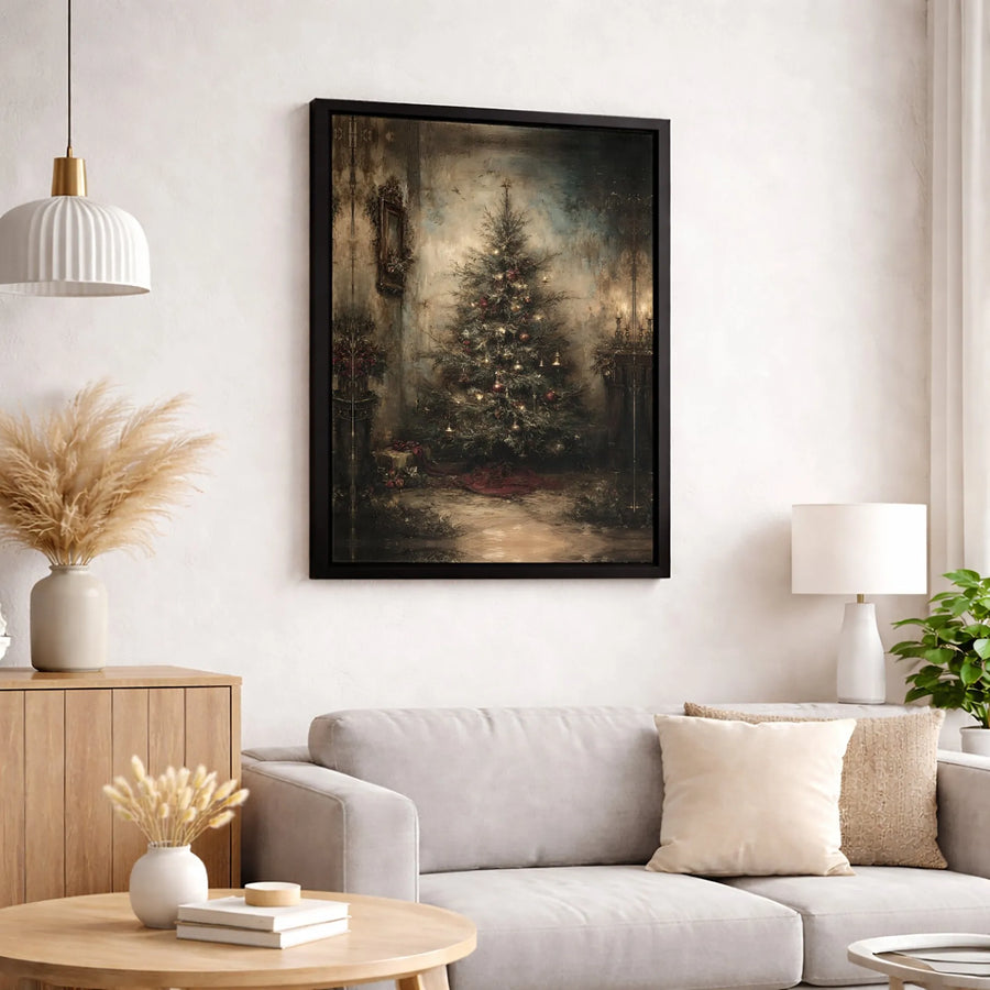 Vintage Christmas Tree Canvas Art | Rustic Oil Painting Style Wall Decor | Gallery Quality 1.25 Inch Frame | Festive Holiday Home Interior Gift