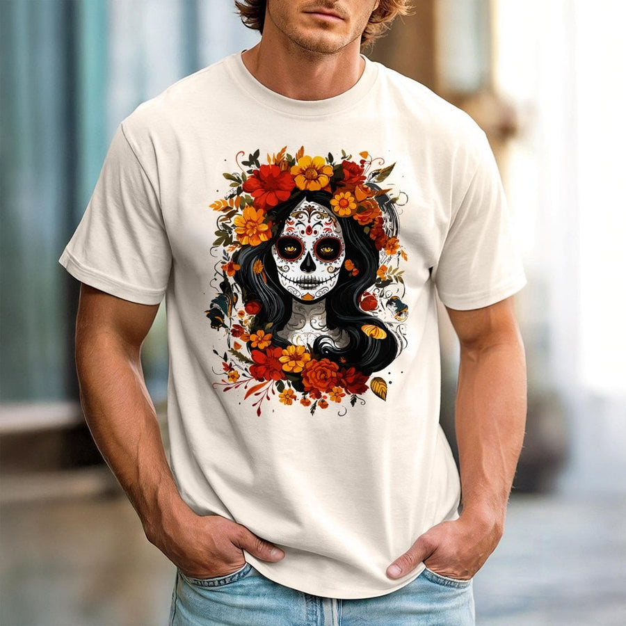 Day of the Dead Sugar Skull T-Shirt | La Catrina Floral Graphic Art | Premium 100% Cotton Unisex Tee | Dia de los Muertos Gift for Women and Men