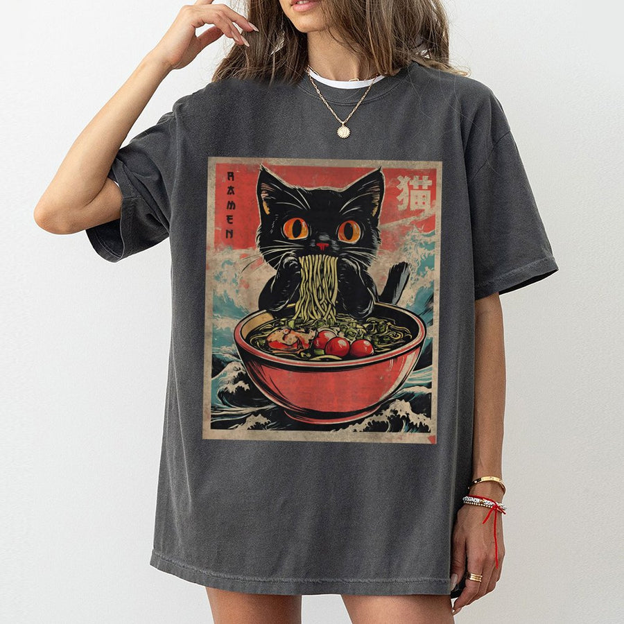 Black Cat Ramen T-Shirt | Japanese Ukiyo-e Anime Design | 100% Premium Cotton | Kawaii Foodie Gift For Cat Lovers