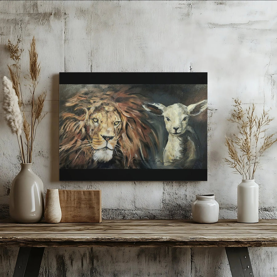 Lion and Lamb Wall Art Canvas | Inspirational Wildlife Painting | 1.25 Inch Gallery Wrap Print | Peaceful Home Decor Gift