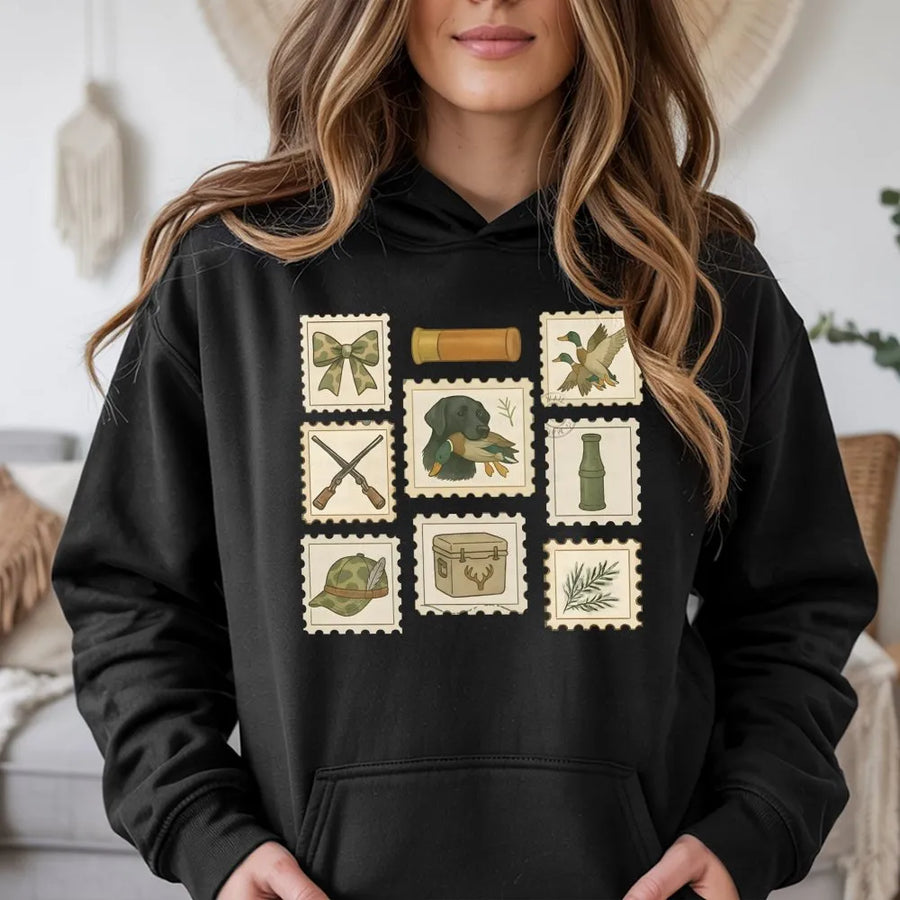 Duck Hunting Hoodie | Vintage Stamp Wildlife Illustration | Premium Cotton-Blend Pullover | Outdoor Sportsman Gift for Men and Women