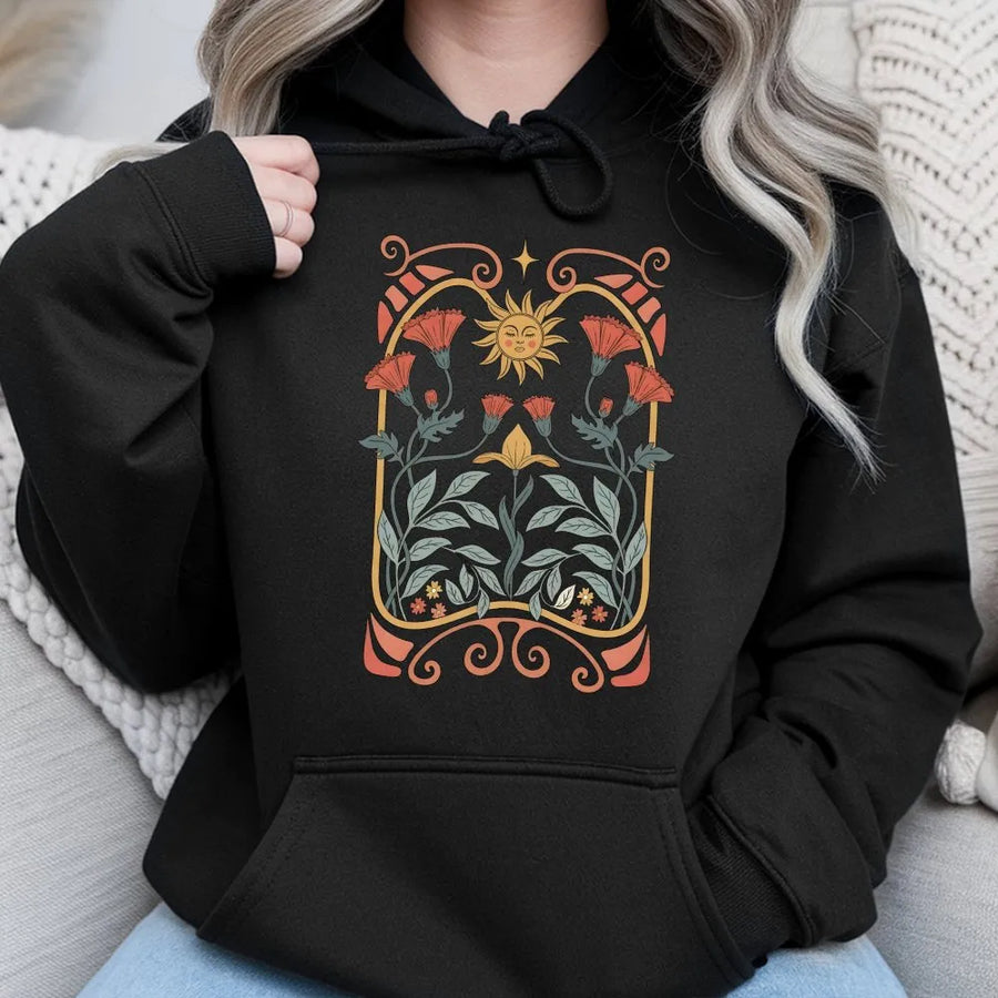 Boho Wildflower Hoodie | Art Nouveau Mystical Sun Graphic | Premium Cotton Blend Pullover | Cottagecore Aesthetic Gift for Her