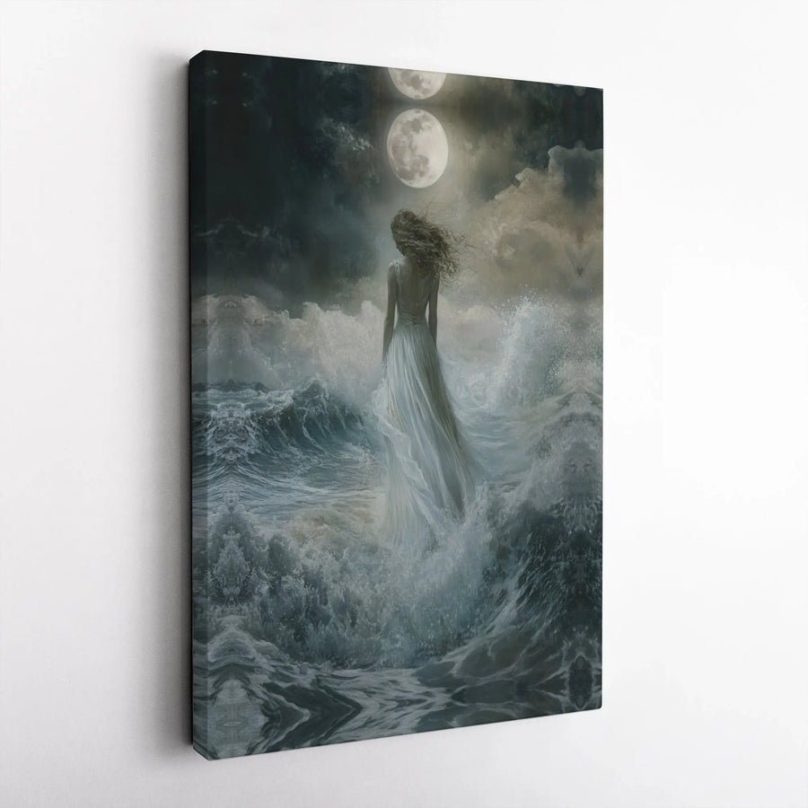 Surreal Moonlit Ocean Canvas Art | Gothic Fantasy Woman in Stormy Sea | Premium 1.25 Inch Gallery Wrap | Dreamy Home Decor Wall Print