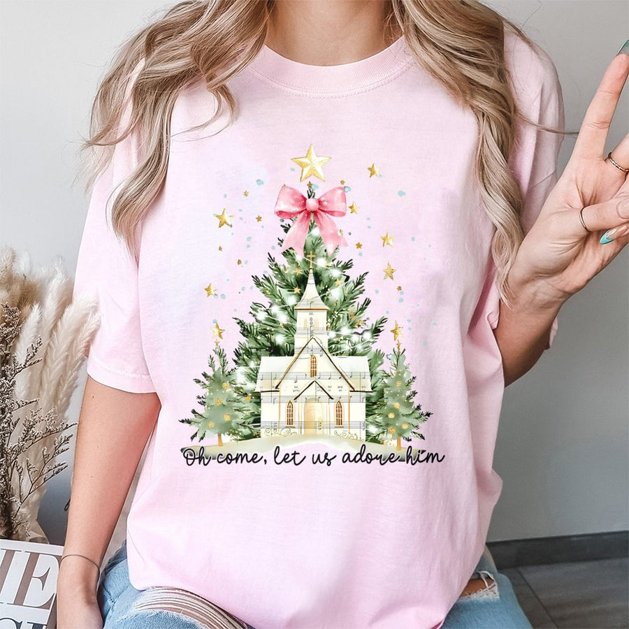 Oh Come Let Us Adore Him T-Shirt | Watercolor Christmas Tree with Coquette Bow | Premium Soft Cotton Tee | Religious Holiday Gift for Women