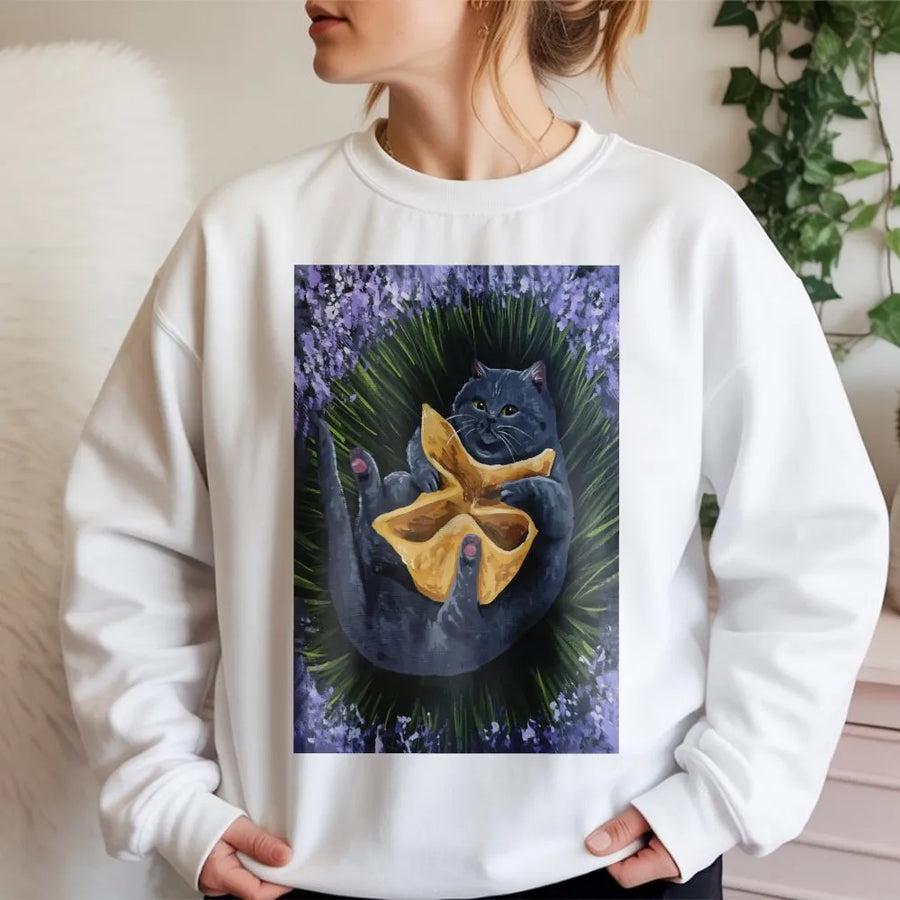 Crab Rangoon Cat Sweatshirt | Whimsical Grey Kitty In Lavender Design | Premium Cotton Blend Crewneck | Cute Foodie Animal Lover Gift