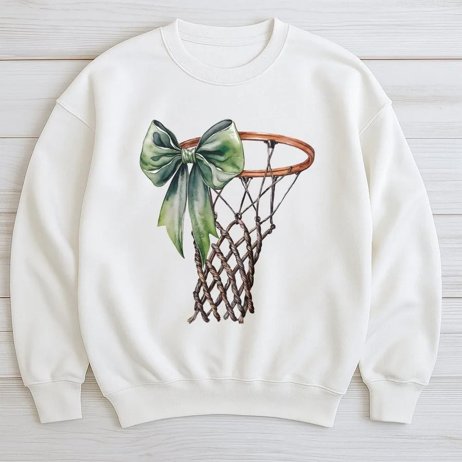 Coquette Basketball Sweatshirt | Green Bow Hoop Aesthetic | Premium Cotton Blend | Gift For Basketball Mom & Player
