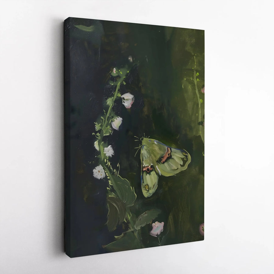 Moody Luna Moth Vertical Canvas | Vintage Dark Botanical Flower Oil Painting Print | Premium 1.25 Inch Gallery Wrap | Cottagecore Dark Academia Room Decor