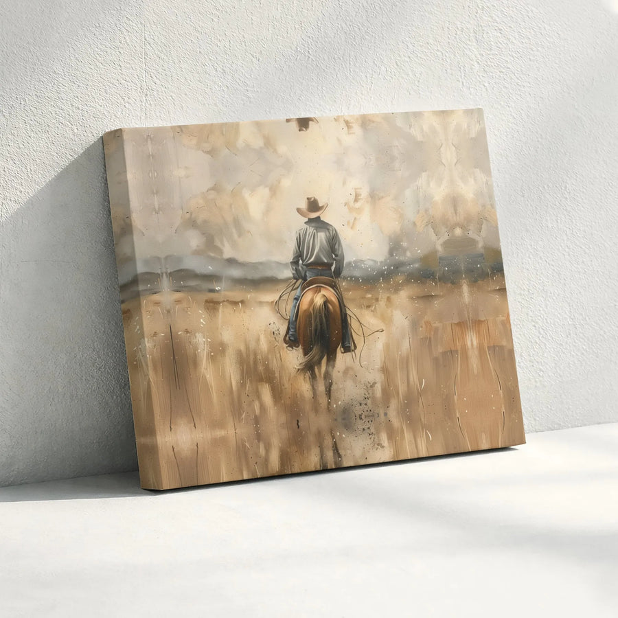 Western Cowboy Horse Canvas Wall Art | Abstract Neutral Plains Design | 1.25-Inch Gallery Thick Profile | Rustic Farmhouse Decor Home Gift