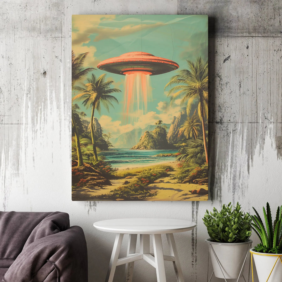 UFO Abduction Wall Art | Vintage Tropical Beach Landscape | Premium Gallery-Wrap Canvas | Sci-Fi Alien Home Decor Gift