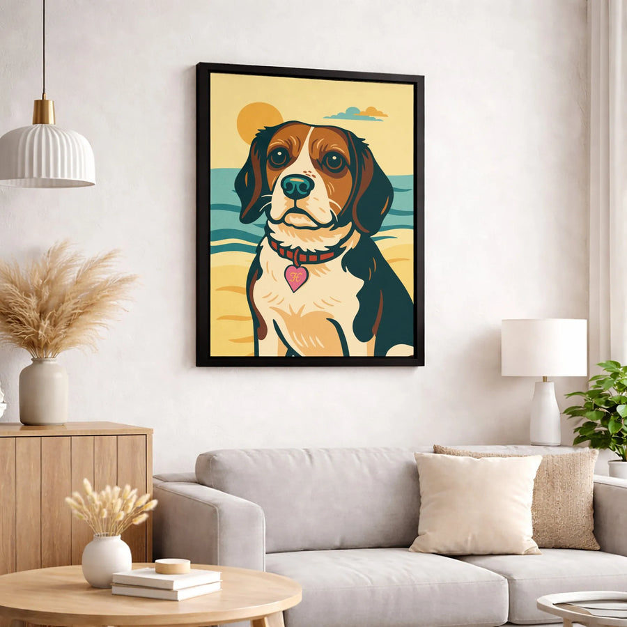 Beagle Dog Wall Art | Retro Beach Scene With Heart Tag | Premium Gallery Canvas | Dog Lover Home Decor Gift