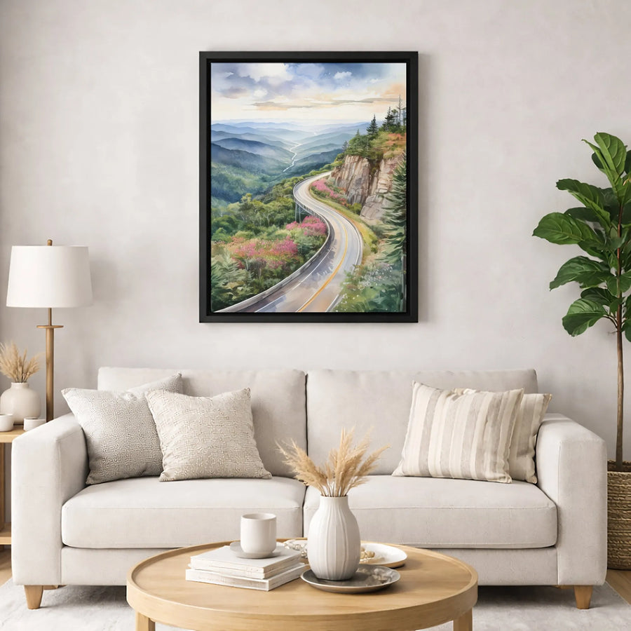 Blue Ridge Mountains Canvas Wall Art | Watercolor Winding Mountain Road Landscape | Gallery Quality Print | Nature Home Decor Gift for Travelers
