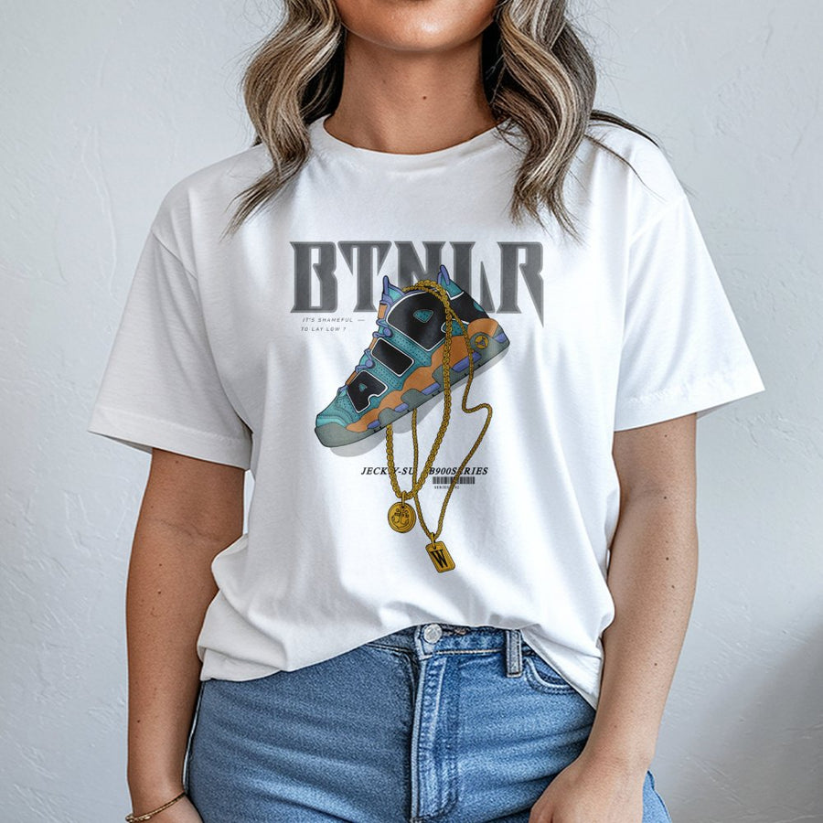 Streetwear Graphic T-Shirt | High-Top Sneaker & Gold Chain Print | Premium Cotton Crewneck | Urban Fashion Gift for Sneakerheads