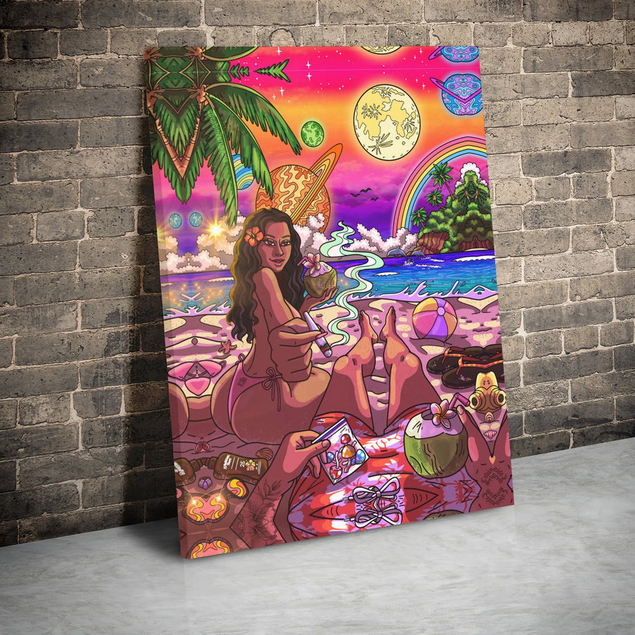 Psychedelic Beach Canvas Art | Trippy Stoner Aesthetic Decor | Gallery Wrap Premium Print | Unique Gift for Cannabis Enthusiasts