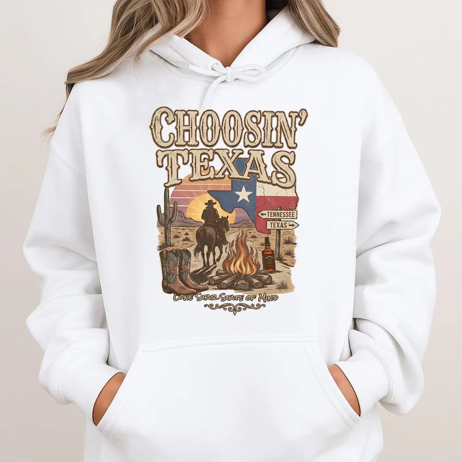 Choosin' Texas Hoodie | Retro Western Cowboy Graphic | Premium Cotton-Blend | Gift for Country Music Fan & Texas Lover