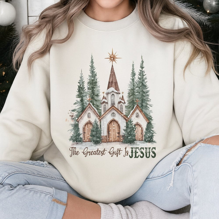 The Greatest Gift Is Jesus Sweatshirt | Religious Christmas Church Graphic | Cotton Blend Premium Crewneck | Christian Holiday Faith Gift for Her