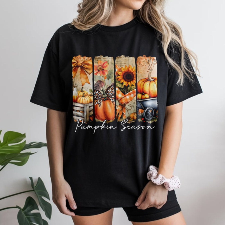 Pumpkin Season T-Shirt | Autumn Floral Sunflower & Leopard Print Graphic | Premium Soft Cotton | Thanksgiving Fall Outfit Gift for Her