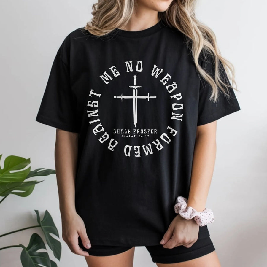 No Weapon Formed Against Me Shall Prosper T-Shirt | Isaiah 54:17 Scripture Design | Premium Cotton Religious Apparel | Christian Faith Gift Idea