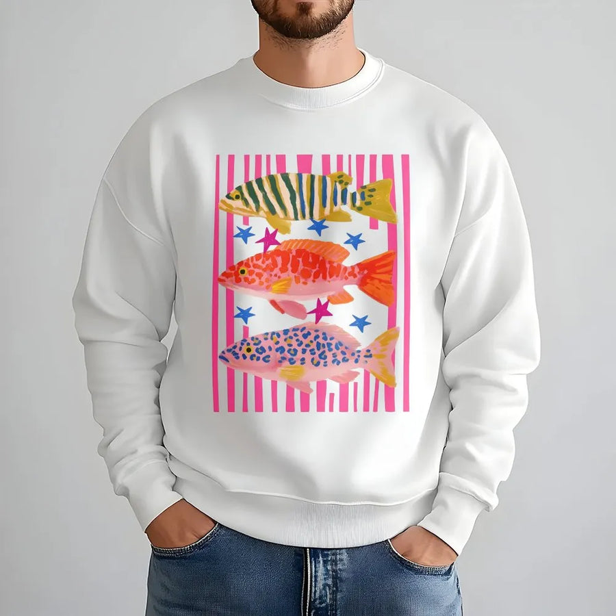Preppy Fish Sweatshirt | Colorful Maximalist Coastal Graphic Print | Soft Cotton-Blend Pullover | Fishing Trip Gift for Her