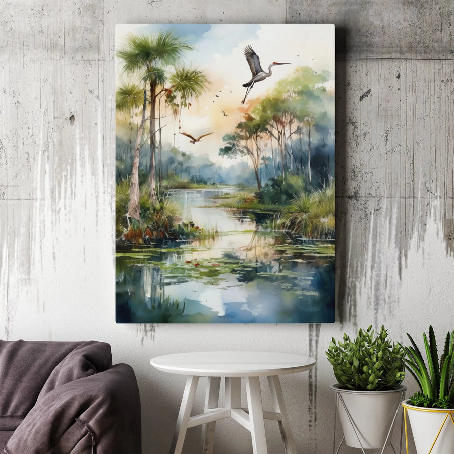 Florida Swamp Canvas Wall Art | Watercolor Heron & Palm Trees Painting | Premium Fade-Resistant Print | Rustic Nature Home Decor Gift