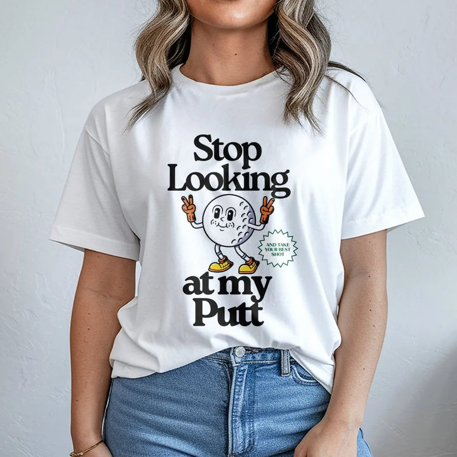 Funny Golf T-Shirt | Stop Looking At My Putt Retro Graphic | Premium Cotton Blend Pullover | Humorous Golfer Gift for Dad