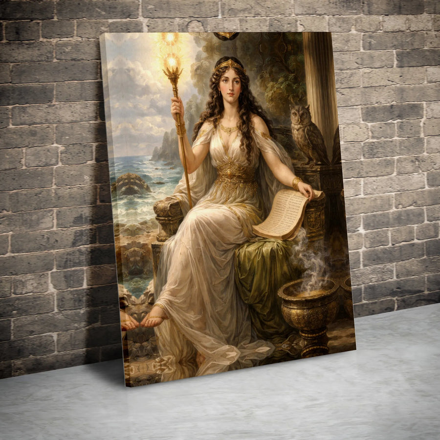 Greek Goddess Athena Canvas Wall Art | Mythological Painting with Owl of Wisdom | Premium Gallery Wrapped Canvas | Mythology Collector Gift for Hellenists