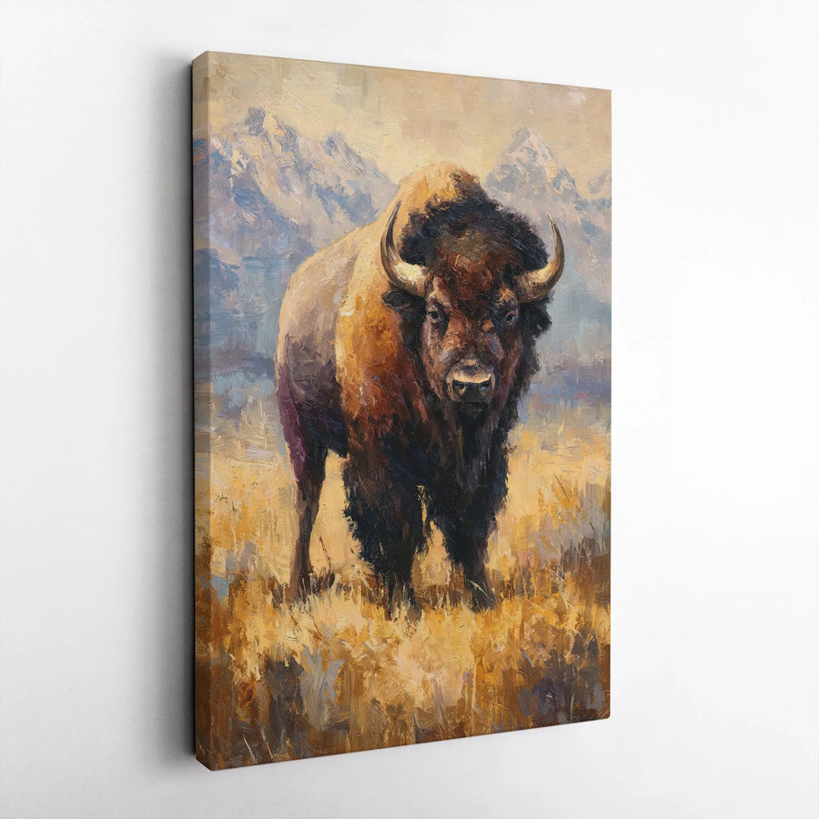 American Bison Vertical Canvas | Painterly Buffalo & Mountain Landscape | Thick Gallery Wrapped Canvas | Rustic Western Home Decor Gift