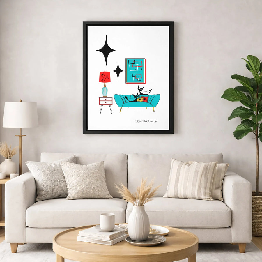 Mid Century Modern Black Cat Wall Art | Atomic Starburst Retro Decor | Premium Gallery Canvas | Aesthetic Living Room Gift for Cat Lovers
