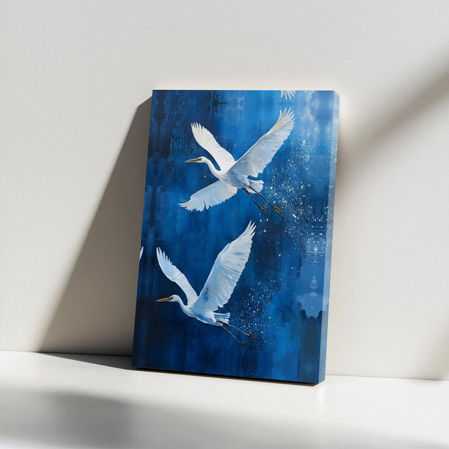 Flying Egret Canvas Wall Art | Abstract Blue Bird Painting | Premium Gallery Wrapped Print | Modern Coastal Home Decor Gift