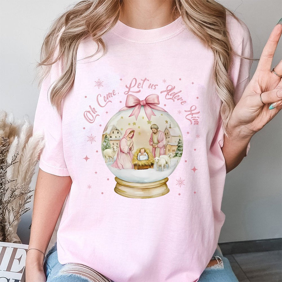 Nativity Christmas T-Shirt | Oh Come Let Us Adore Him Snow Globe Graphic | 100% Cotton Premium Tee | Christian Holiday Gift for Women and Men