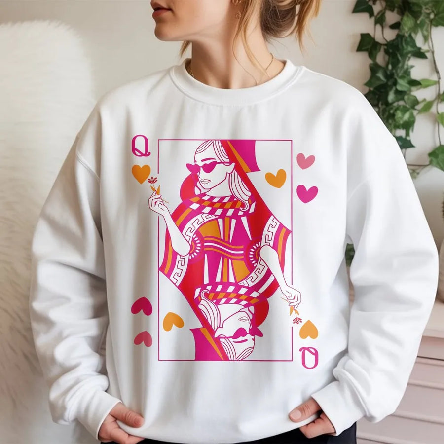 Queen of Hearts Sweatshirt | Playing Card Aesthetic Graphic Design | Premium Cotton Blend Crewneck | Trendy Valentines Day Gift For Her
