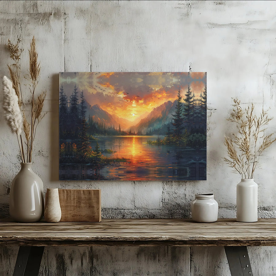 Mountain Lake Sunset Canvas Wall Art | Golden Hour Forest Landscape Print | 1.25-Inch Gallery Wrap | Premium Nature Decor for Living Room