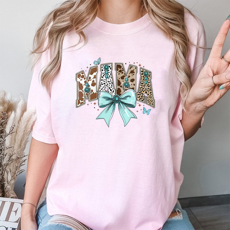 Mama T-Shirt Western Boho | Cow Print Turquoise Bow Design | Premium Soft Cotton | Trendy Mom Life Birthday Gift for Her