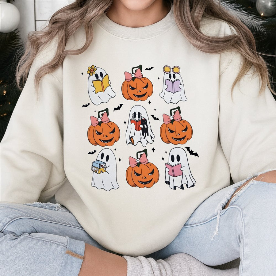 Cute Ghost Reading Book Sweatshirt | Spooky Pumpkin Halloween Aesthetic | Soft Cotton Blend Unisex Pullover | Fall Season Gift For Readers