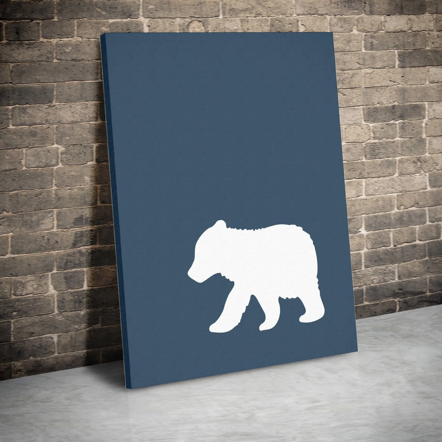 Minimalist Bear Cub Canvas Wall Art | Navy Blue Woodland Animal Silhouette | Premium Stretched Canvas Print | Modern Nursery Decor Gift for Kids