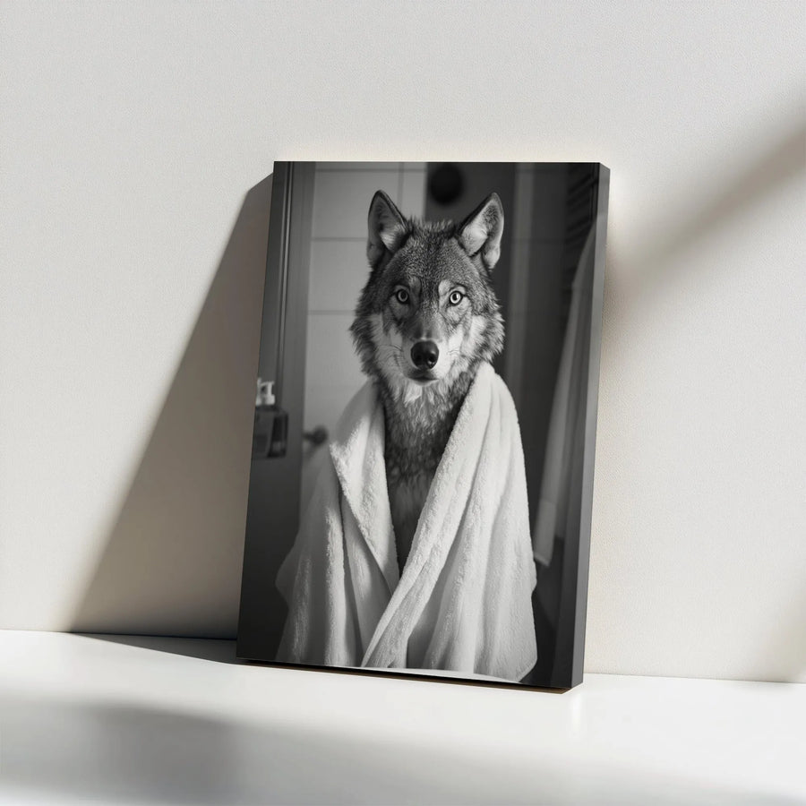 Wolf in Bathrobe Vertical Canvas | Funny Bathroom Wall Art | Premium Thick Gallery Canvas | Unique Modern Home Decor Gift for Animal Lovers