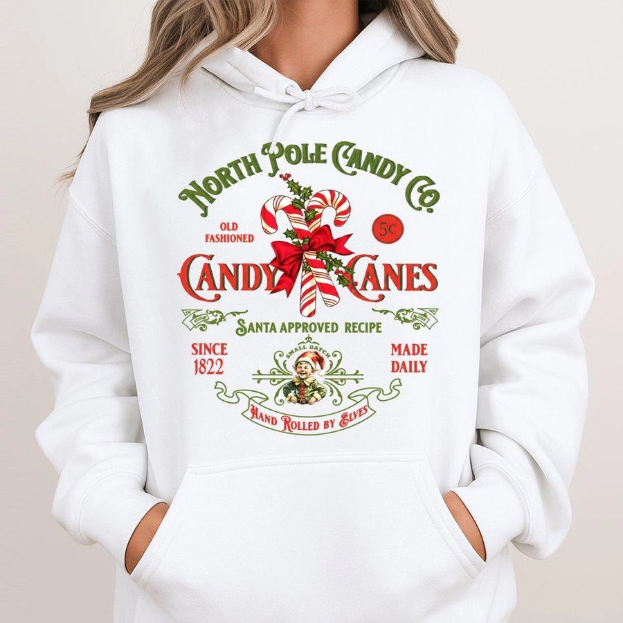Retro Candy Cane Hoodie | North Pole Christmas Sweatshirt | Premium Cotton Blend Pullover | Festive Holiday Gift for Family and Friends
