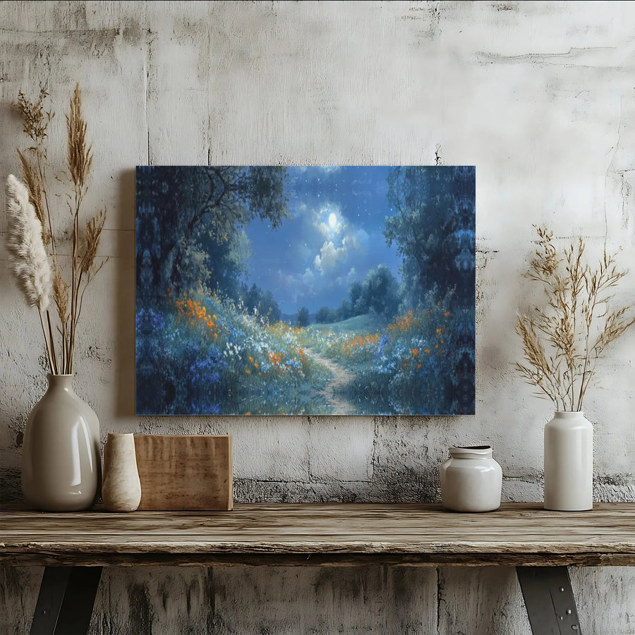 Moonlit Meadow Canvas Print | Enchanting Night Landscape Wall Art | Premium Gallery Wrapped Decor | Nature Lover Gift for Home Office