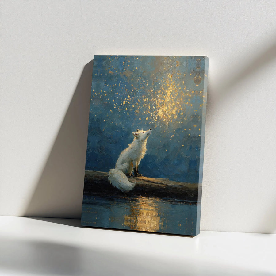 Enchanted Arctic Fox Canvas Wall Art | Painterly Print with Magical Golden Stars | Premium Gallery Wrapped Canvas | Nursery & Living Room Decor Gift
