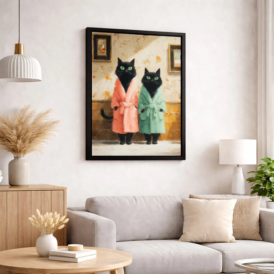 Black Cat Wall Art | Whimsical Bathrobe Cats Oil Painting Style | Premium Gallery Wrapped Canvas | Quirky Animal Decor Gift for Cat Lovers