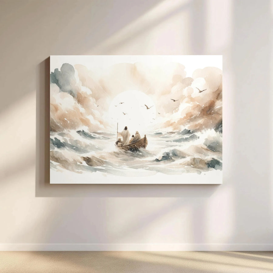 Jesus Calming The Storm Canvas Print | Watercolor Bible Story Wall Art | Gallery Quality 1.25” Thick Decor | Christian Faith Home Gift