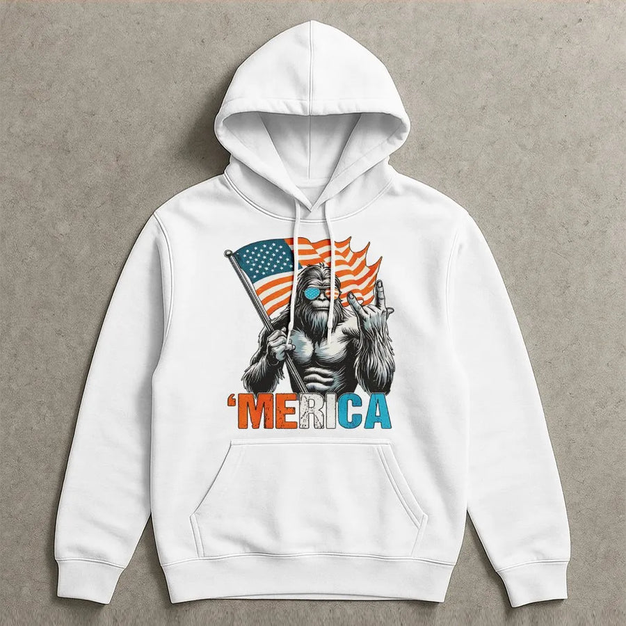 Bigfoot Merica Hoodie | Patriotic American Flag Sasquatch Graphic | Cotton Blend Premium Pullover | Funny 4th of July Gift for Men and Women