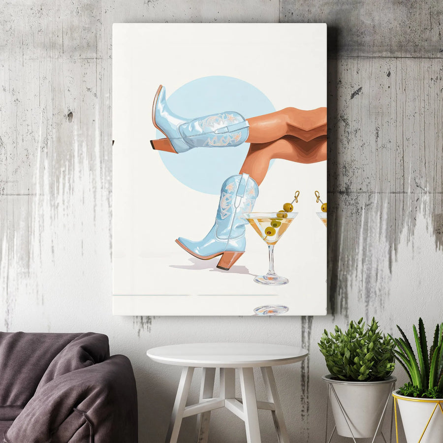 Cowboy Boot Martini Canvas Art | Retro Western Aesthetic Illustration | Premium Fade-Resistant Gallery Wrap | Chic Bar Cart Decor for Women