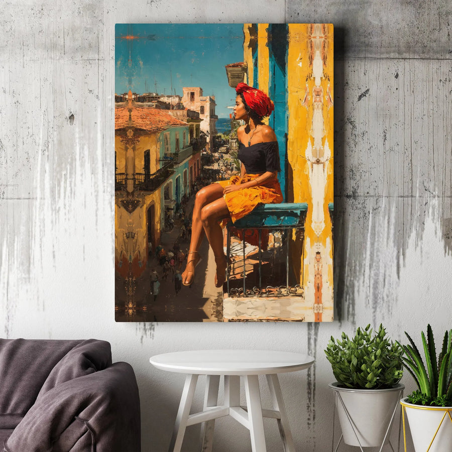 Cuban Woman Wall Art | Colorful Havana Balcony Scene Canvas Print | Premium Gallery Quality Art | Collector's Gift for Living Room Decor