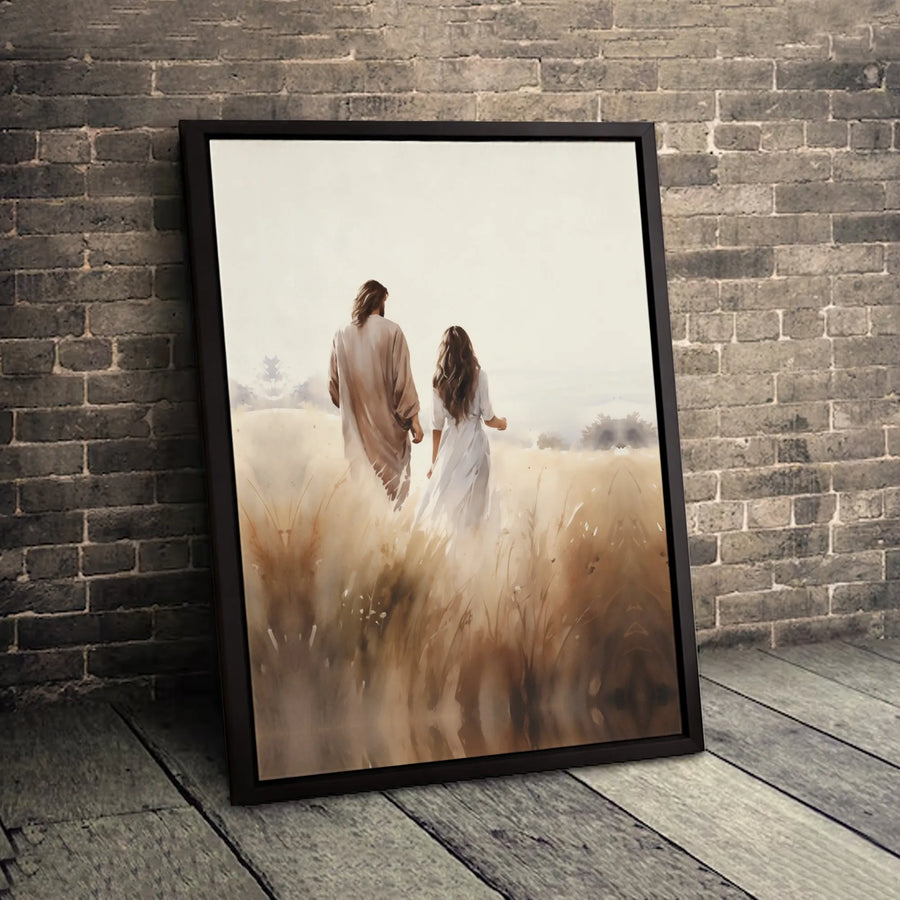Jesus Walking With Woman Canvas Art | Religious Wheat Field Wall Decor | Premium Fade-Resistant Print | Spiritual Christian Home Gift