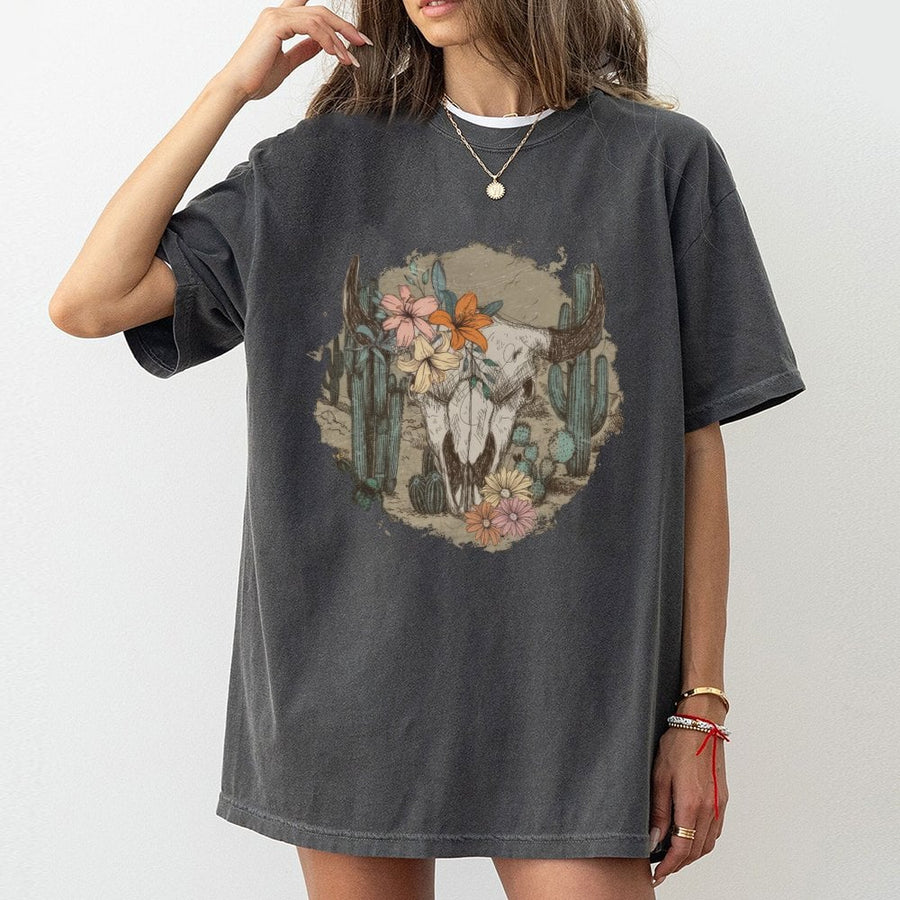 Western Cow Skull T-Shirt | Floral Desert Cactus Graphic | 100% Cotton Premium Tee | Boho Country Style Gift for Women & Cowgirls