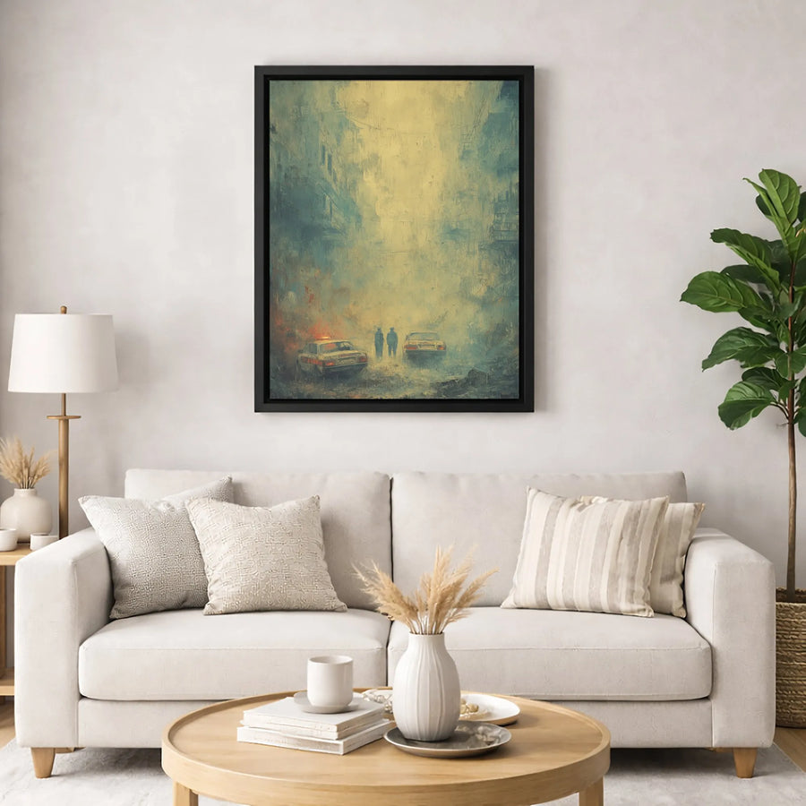 Foggy City Police Street Art | Moody Urban Noir Canvas Print | Premium Gallery-Wrapped Decor | Gift for Crime Drama Fans and Collectors