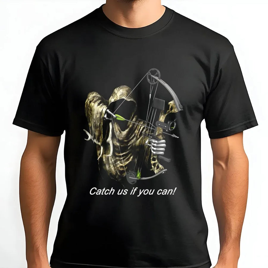 Grim Reaper Bow Hunting T-Shirt | Camo Archer Skeleton Graphic | Premium Cotton Unisex Tee | Funny Archery Lover Gift for Hunters