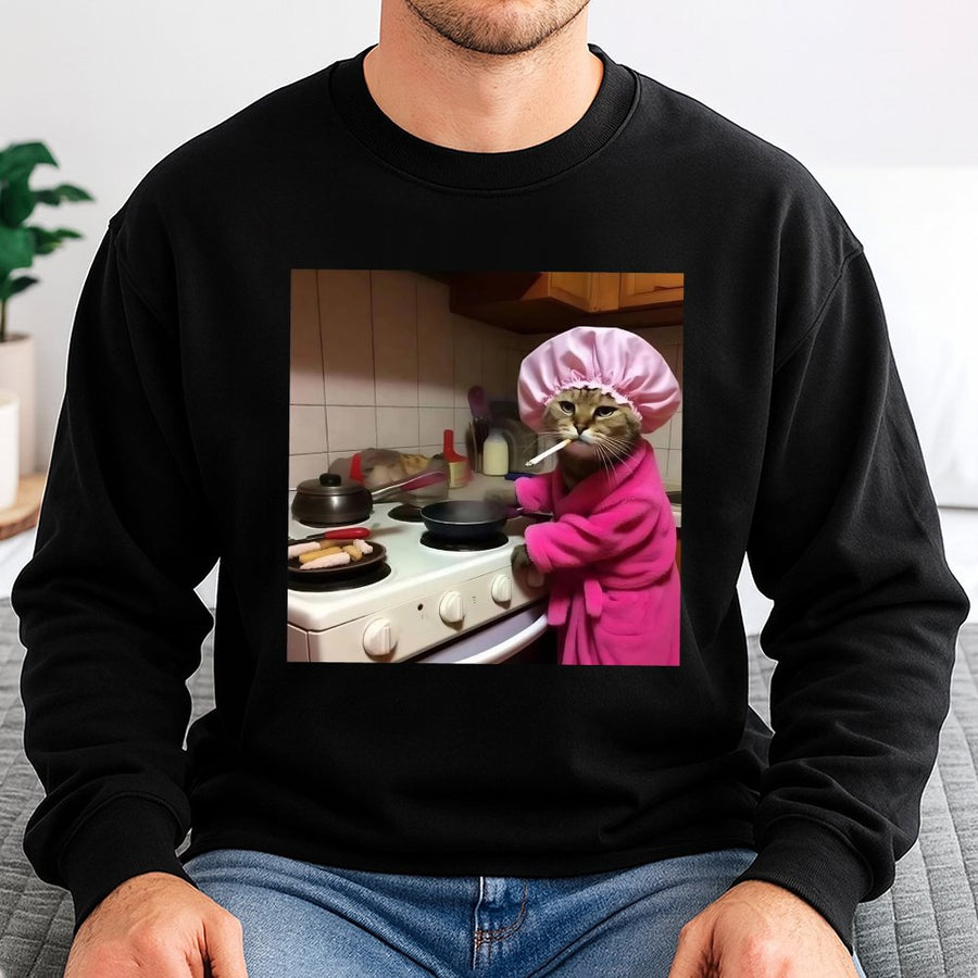 Funny Cooking Cat Sweatshirt | Sassy Cat In Pink Robe Graphic | Premium Cotton Blend Crewneck | Humorous Gift For Cat Lovers And Pet Owners