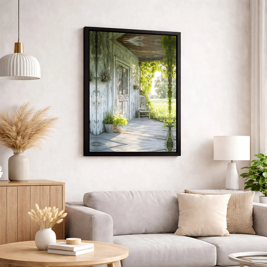 Rustic Farmhouse Porch Wall Art | Sunlit Countryside Cottage View with Rocking Chair | Gallery-Quality 1.25" Canvas | Home Decor for Farmhouse Living
